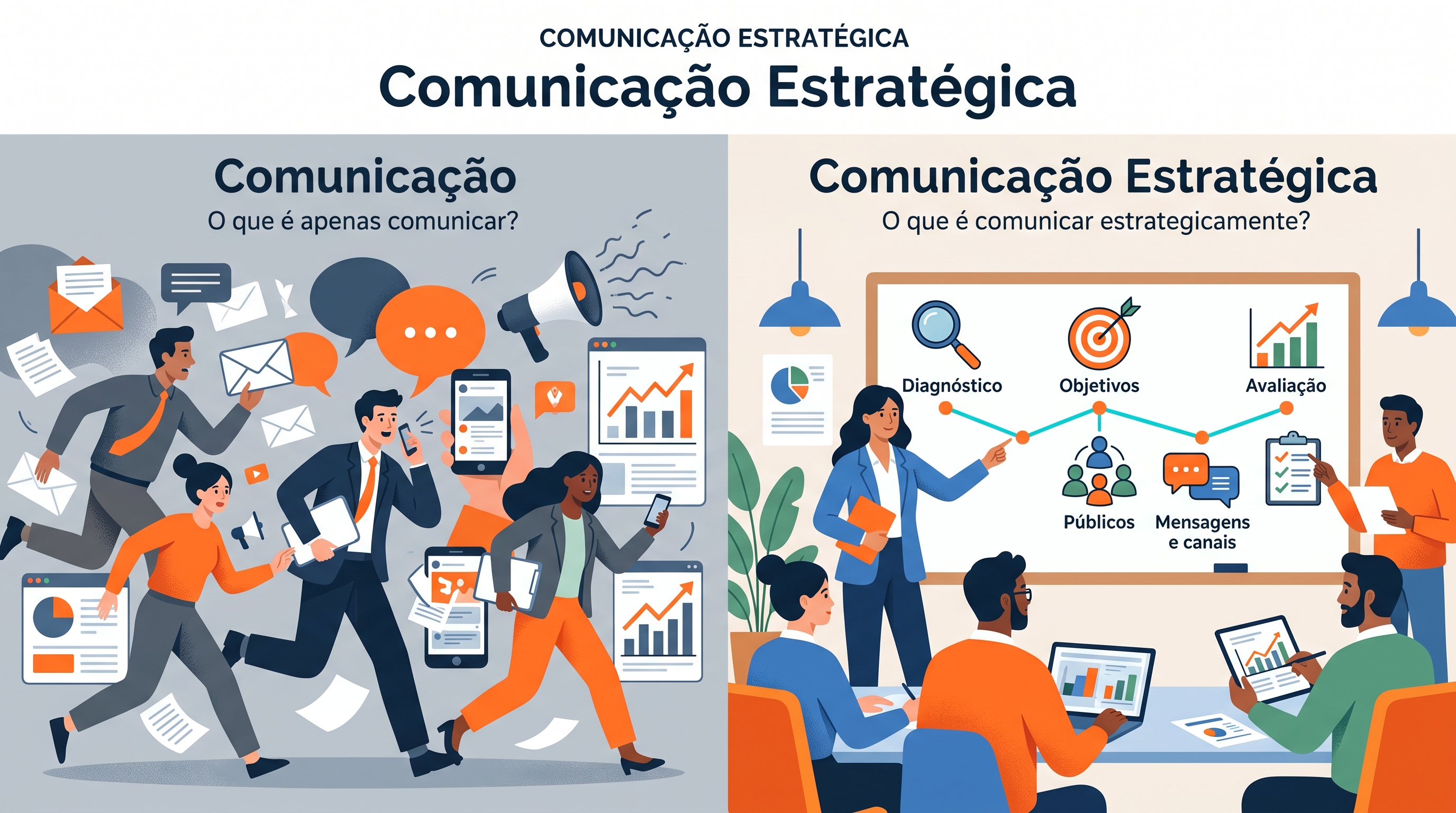 Equipe reunida planejando a comunicação de uma organização